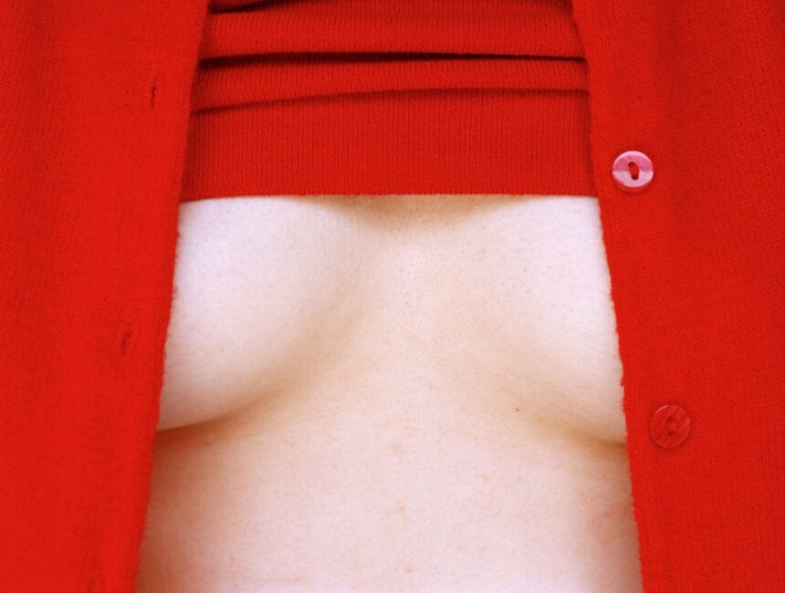 Pixy Liao, Red Cardigan, 2014, C-print, 37.5 x 50 cm (Image courtesy of artist and Blindspot Gallery.)