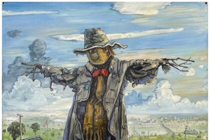 Amer Kobaslija, Scarecrow with Ducks, 2021. Oil on unstretched canvas with grommets, 81 x 61 inches.