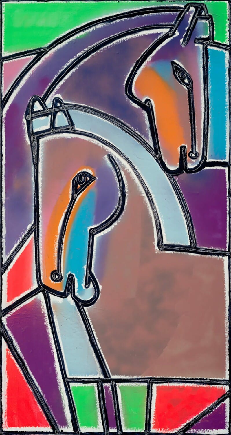 America Martin. Horses in Dusk Colors on the Hill. Oil + Acrylic on Canvas. 65 x 35 inches