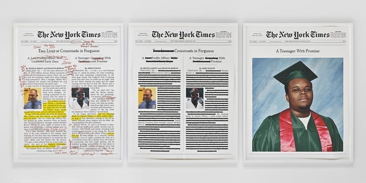 Alexandra Bell, A Teenager With Promise (Annotated), 2018 photolitho and screenprint, 44” x 35” each; 44” x 105” combined, Courtesy of Artadia