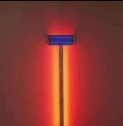 Dan Flavin, Untitled (for Prudence and her new baby), 1992, Ultraviolet and red fluorescent light, edition 3/5. Courtesy BASTIAN, © Stephen Flavin / Artists Rights Society (ARS), New York 2019