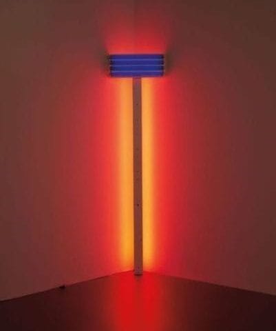 Dan Flavin, Untitled (for Prudence and her new baby), 1992, Ultraviolet and red fluorescent light, edition 3/5. Courtesy BASTIAN, © Stephen Flavin / Artists Rights Society (ARS), New York 2019