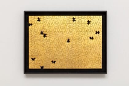 Gabriel Dawe, Missing No. 3, 2019, 24 karat gold on puzzle in artist frame, 13h x 18w in, image courtesy of the artist and Talley Dunn Gallery