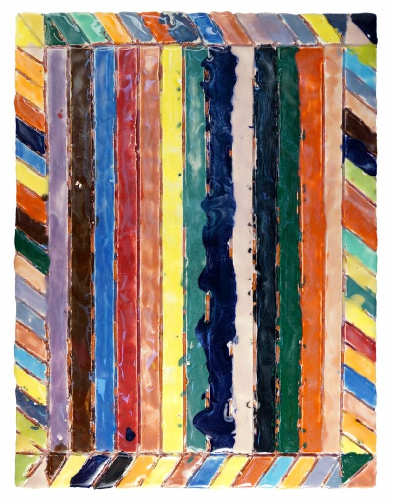 Polly Apfelbaum, Joseph's Coat Abstract 2021, 51 ½” x 37 ½” x 1 ½”., Terracotta and glaze. Courtesy of the artist and Arcadia Exhibitions.