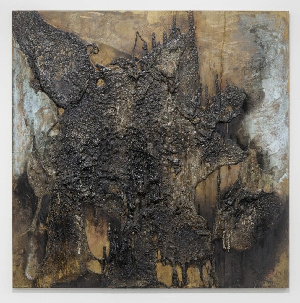 Andrew Luk, Oxidization/ Immolation 4, 2016-2019, Copper, homemade napalm, ammonia, salt, 117 x 117cm