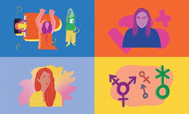 Four different colourful illustrations appear in a grid. The first illustration depicts several women – one is playing piano, one is dancing and the third woman is reading poetry; the second illustration is of a woman in her fifties with glasses and medium length hair; the third illustration is of a woman in her thirties with long wavy hair; and the last illustration is of various gender symbols. Illustrator credit: Jessica Johnson, Nungala Creative