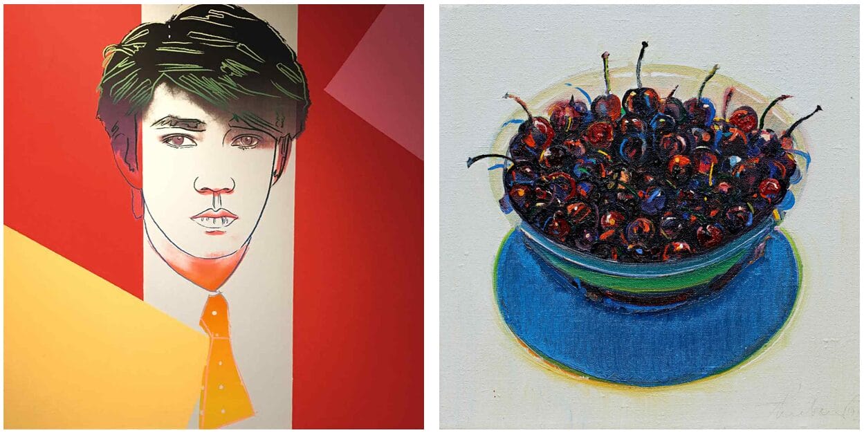 From left to right: Andy Warhol, Ryuichi Sakamoto, est. $500/700,000; Wayne Thiebaud, Cherries #1,1981, est. $1.5/2 million