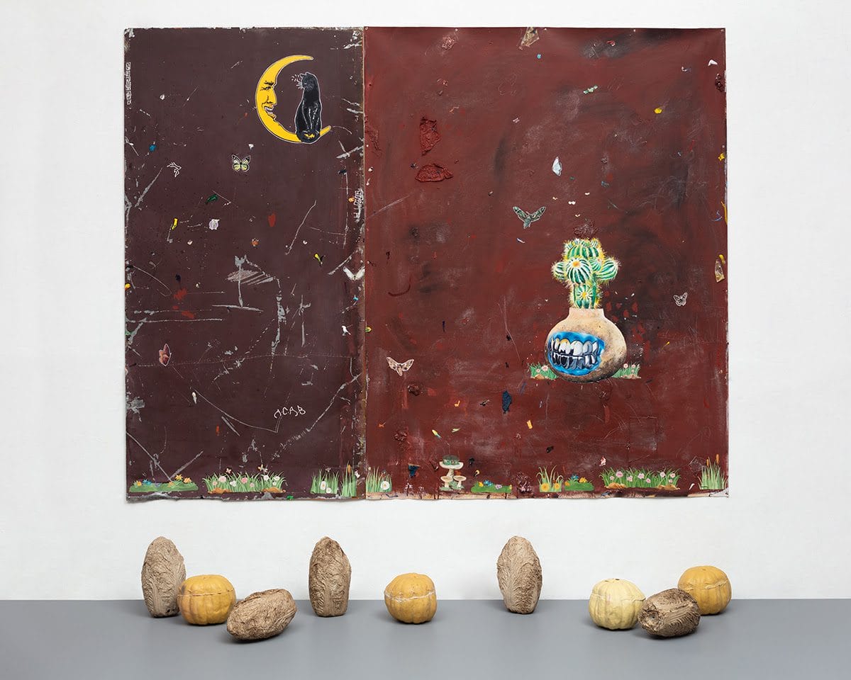 Jardim alquímico de noite, 2022, acrylic, oil and tempera on canvas plus resin objects, 200 × 256 cm, 2022