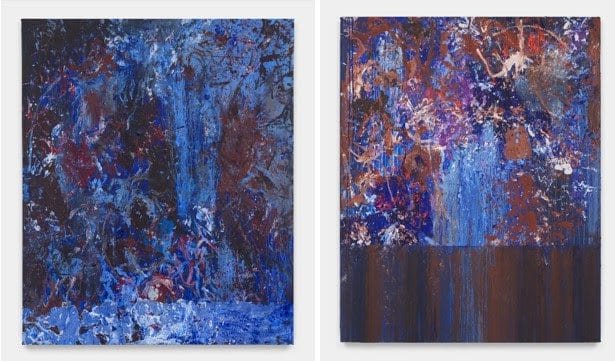 Left: Reginald Sylvester II, Wandering Star, 2021. Acrylic on canvas, 60 x 48 in. Right: Reginald Sylvester II, Strangers, 2021. Acrylic on canvas, 60 x 48 in. © Reginald Sylvester II. Images courtesy the artist and Maximillian William, London. Photography: Daniel Greer.