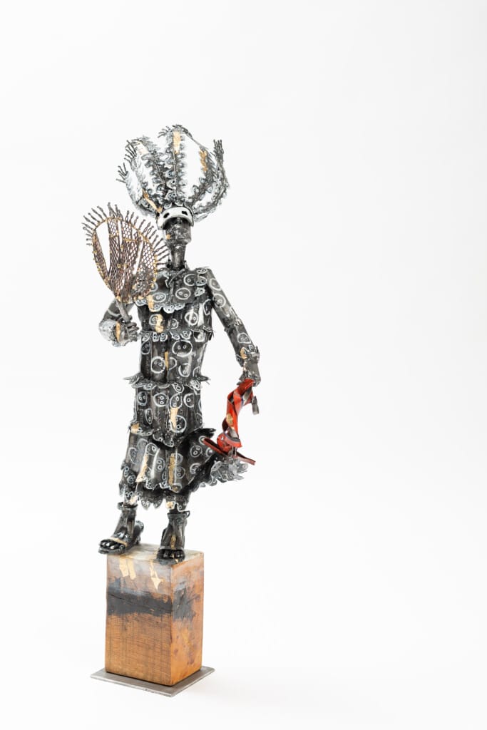 Sokari Douglas Camp John Canoe Lace and Heels, 2021. Mild steel acrylic paint 90 x 32 x 17 cm. Courtesy the Artist and October Gallery, London.  Photo: Jonathan Greet Courtesy the Artist and October Gallery, London.