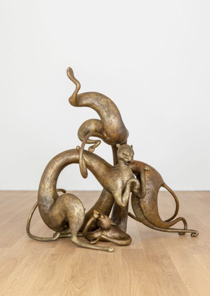 Strange Loop, 2021. Ferric nitrate patina on bronze, three figures. Overall (approximate) : 70 7/8 × 63 × 51 3/16 inch | 180 × 160 × 130 cm. Grumpy Cat : 37 3/8 × 28 3/8 × 52 3/4 inch | 95 × 72 × 134 cm. Happy Cat : 30 11/16 × 75 9/16 × 24 7/16 inch | 78 × 192 × 62 cm. Sleepy Cat : 70 7/8 × 23 5/8 × 43 5/16 inch | 180 × 60 × 110 cm. Edition 1 of 7 + 1 artist proof. Courtesy of the artist, Perrotin, and Altman Siegel, San Francisco.