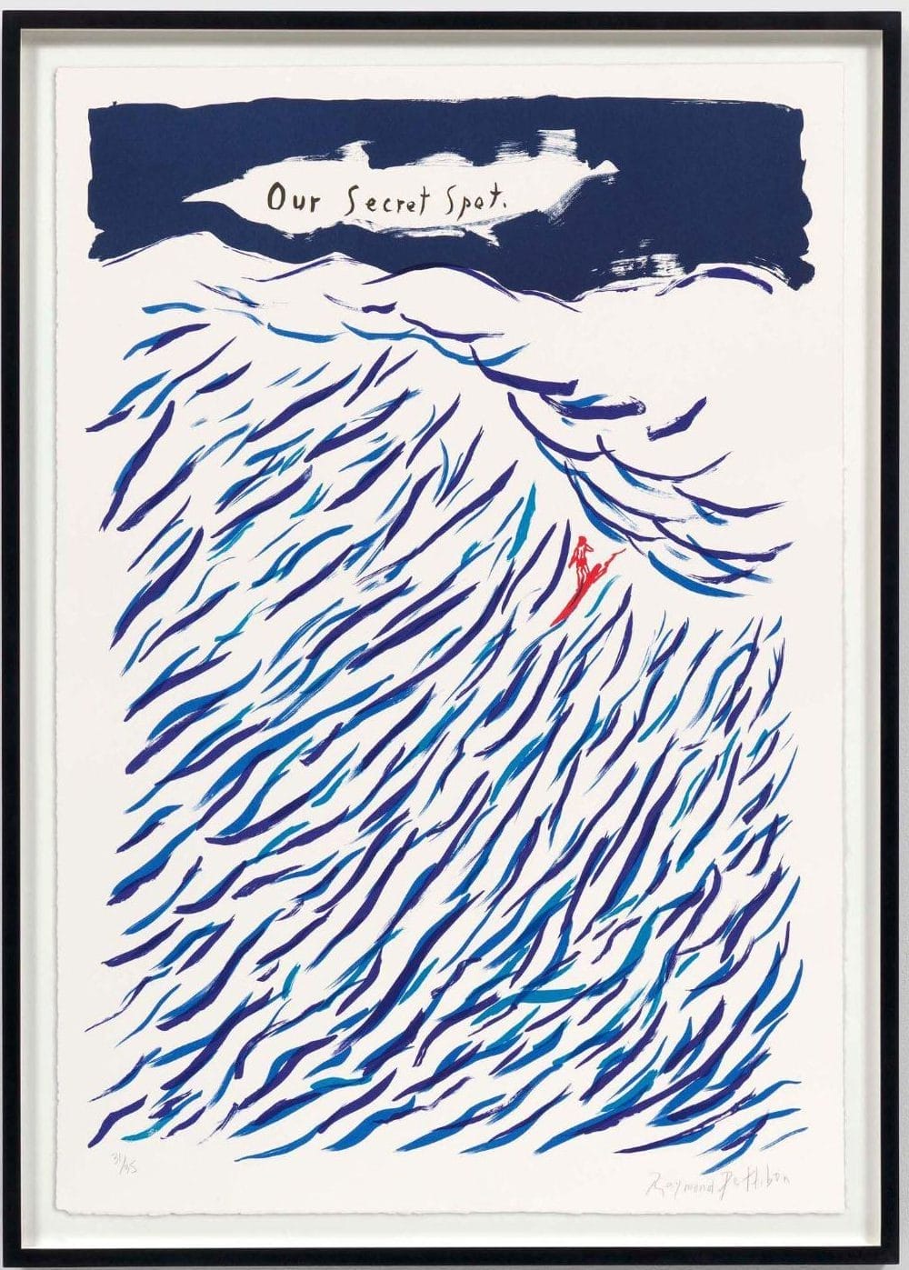 Raymond Pettibon No Title (Our Secret Spot.), 2022 Six-color lithograph on Rives BFK paper 44 3/4 × 30 3/4 inches 113.7 × 78.1 cm Edition of 35, 10 AP, 4 PP, 1 BAT Signed, dated, and numbered recto Printed by Derriere L’Etoile Studios, New York Published by Utopia Editions