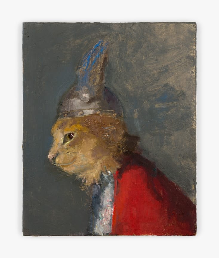 Seth Becker, Cat in Knight's Costume 2022. Oil on panel; 12 1/4 x 10 in (31.1 x 25.4 cm). Courtesy the artist, Pamela Salisbury Gallery, New York, and Venus Over Manhattan, New York.