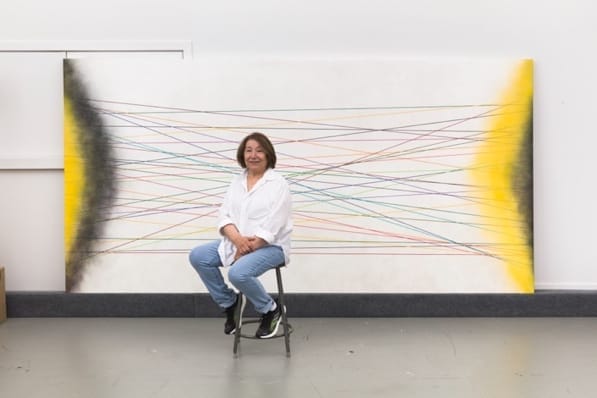 Virginia Jaramillo in her studio in front of Quanta, 2021 © Virginia Jaramillo, Hales Gallery, and Pace Gallery. Photo by JSP Art Photography