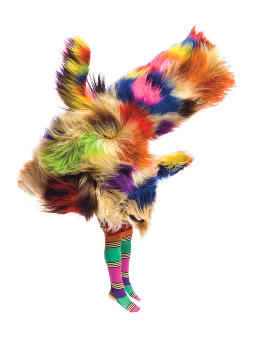 Nick Cave, Soundsuit, 2015. Mannequin, metal, synthetic hair, and found textiles, 98 × 28 × 12 in. Collection of Ashley and Pam Netzky. © Nick Cave