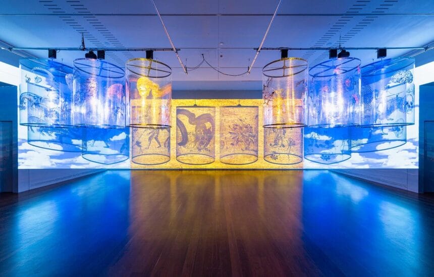 Installation view: Nalini Malani: Gamepieces, featuring Gamepieces by Nalini Malani, Art Gallery of South Australia, Adelaide, photo: Saul Steed.