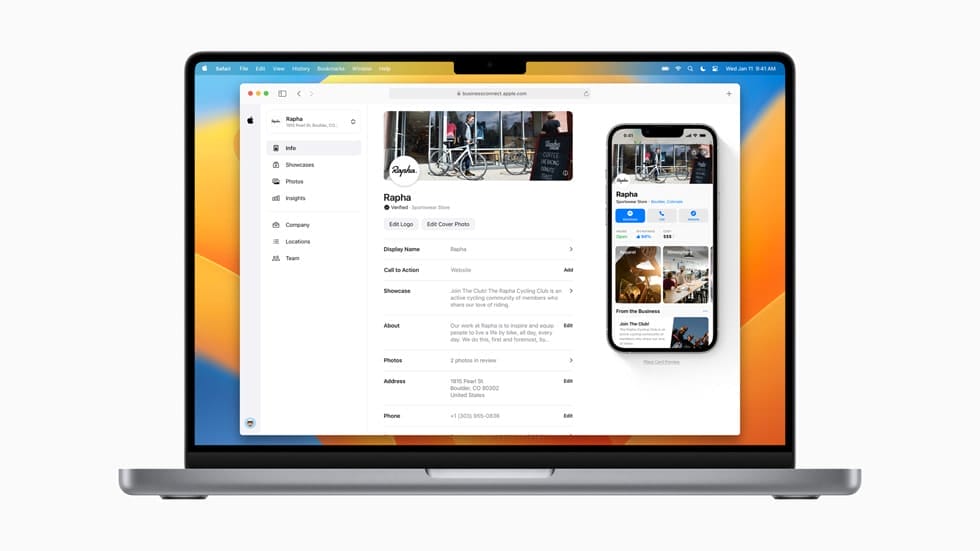 The Apple Business Connect screen appears on MacBook Pro.