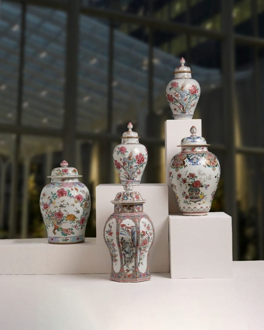 A selection of pairs of magnificent, large famille rose jars and covers, Qianlong period. Estimates range between US$20,000 – 30,000 and US$60,000 – 80,000.