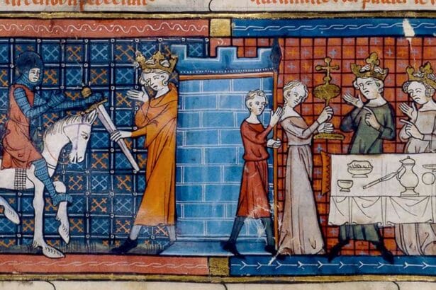 Perceval arrives at the Grail Castle, to be greeted by the Fisher King