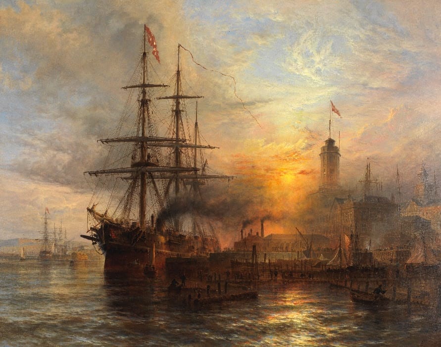 A Danish Steamer moored alongside a busy dock in Portsmouth by Henry Dawson (c1841-1896). Sold for £25,000.