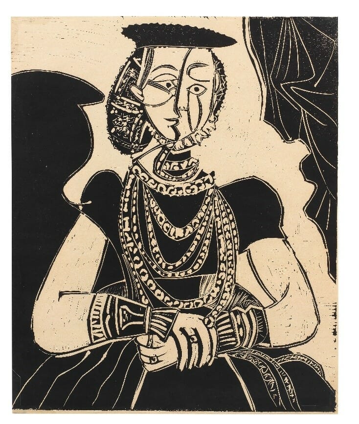 Portrait de Jeune Fille, d'après Cranach le Jeune, linogravure sur papier vélin exécutée en 1958 Estimation : 60 000 – 80 000 €