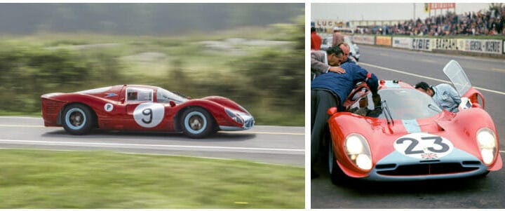 The 1967 Maranello Concessionaires’ Ferrari 412P, Chassis 0854. L-R: Credit Bonhams|Cars, Photo by Pawel Litwinski. 0854 as new in the pits at the 1967 Le Mans, Credit GP Library.