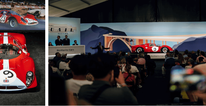 The live sale at Bonhams|Cars Quail Auction on August 18, featuring the 1967 Maranello Concessionaires’ Ferrari 412P, chassis 0854, which sold for $30.25 million.