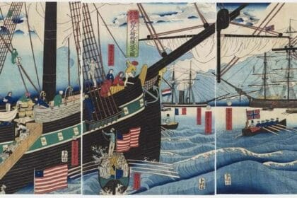 Utagawa Sadahide (1807–1873), Publisher: Yamaguchiya Tōbei (Kinkōdō) (active ca. 1843–47) Picture of Western Traders at Yokohama Transporting Merchandise (Yokohama kōeki seiyōjin nimotsu unsō no zu) 1861 (Man’en 2/ Bunkyū 1), 4th month Woodblock print (nishiki-e); ink and color on paper, Vertical ōban pentaptych Museum of Fine Arts, Boston, Edward S. Morse Memorial Fund, Frank B. Bemis Fund, and John Ware Willard Fund, 2021.110a–e