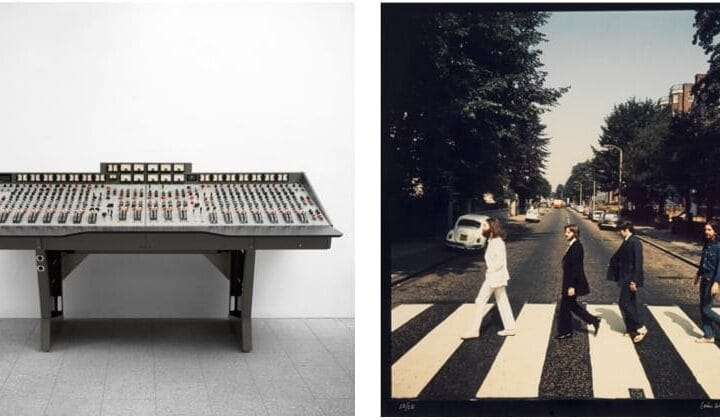 Left: The EMI TG12345 Mk I Recording Console Used By The Beatles at Abbey Road Studios to Record Their Groundbreaking Album 'Abbey Road' Estimate on request. Right: Iain Macmillan (British, 1938-2006) One of Two prints of The Beatles on Abbey Road, 1969. Estimate: £18,000 - 20,000.