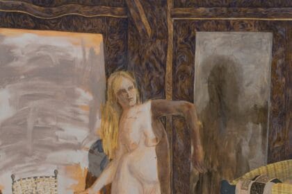 Elizabeth Malaska, The Doorway, 2023, Oil, flashe and pencil on canvas over panel, 80 x 66 inches, 203.2 x 167.64 cm.