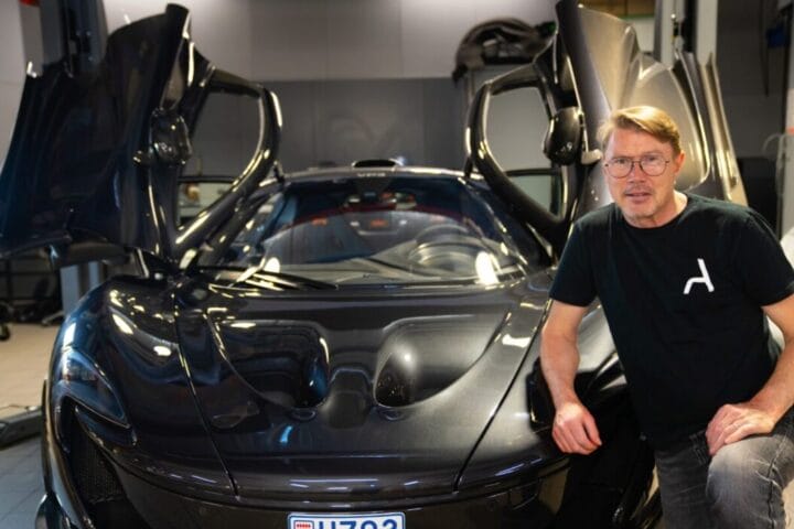 Mika Häkkinen and the 2013 McLaren P1 Validation Prototype 3 (VP3), estimated at €1,500,000 – 2,000,000.