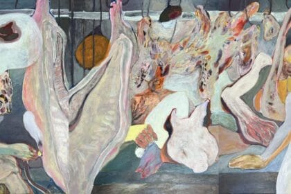 "Meat Shop" (triptych), Ho Wing Wa, Ernest, Acrylic on canvas, 100 x 240 cm, 2024