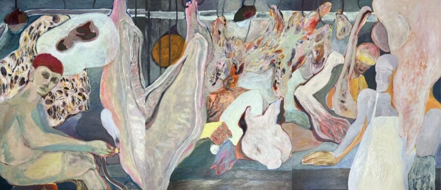 "Meat Shop" (triptych), Ho Wing Wa, Ernest, Acrylic on canvas, 100 x 240 cm, 2024