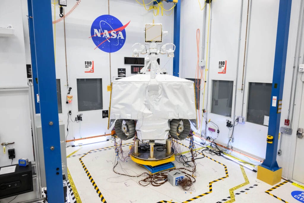 NASA’s VIPER robotic Moon rover is seen here in a clean room at NASA’s Johnson Space Center in Houston.
NASA/Helen Arase Vargas