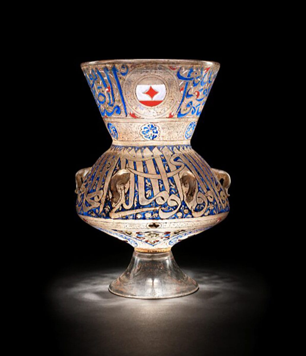 A Mamluk enamelled glass mosque lamp made for Chief of Corps Saif ad-din Sarghitmish (d.1358) Egypt or Syria, 1351-1358 AD. Sold for £5,130,400 (estimate: £600,000-1,000,000)