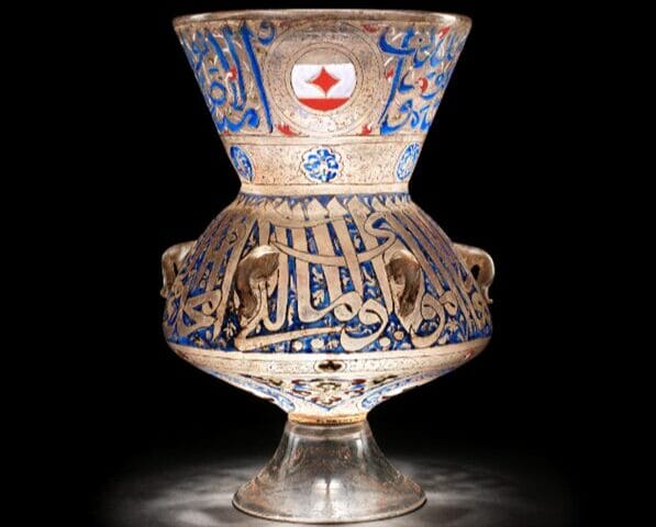 A Mamluk enamelled glass mosque lamp made for Chief of Corps Saif ad-din Sarghitmish (d.1358) Egypt or Syria, 1351-1358 AD. Sold for £5,130,400 (estimate: £600,000-1,000,000)