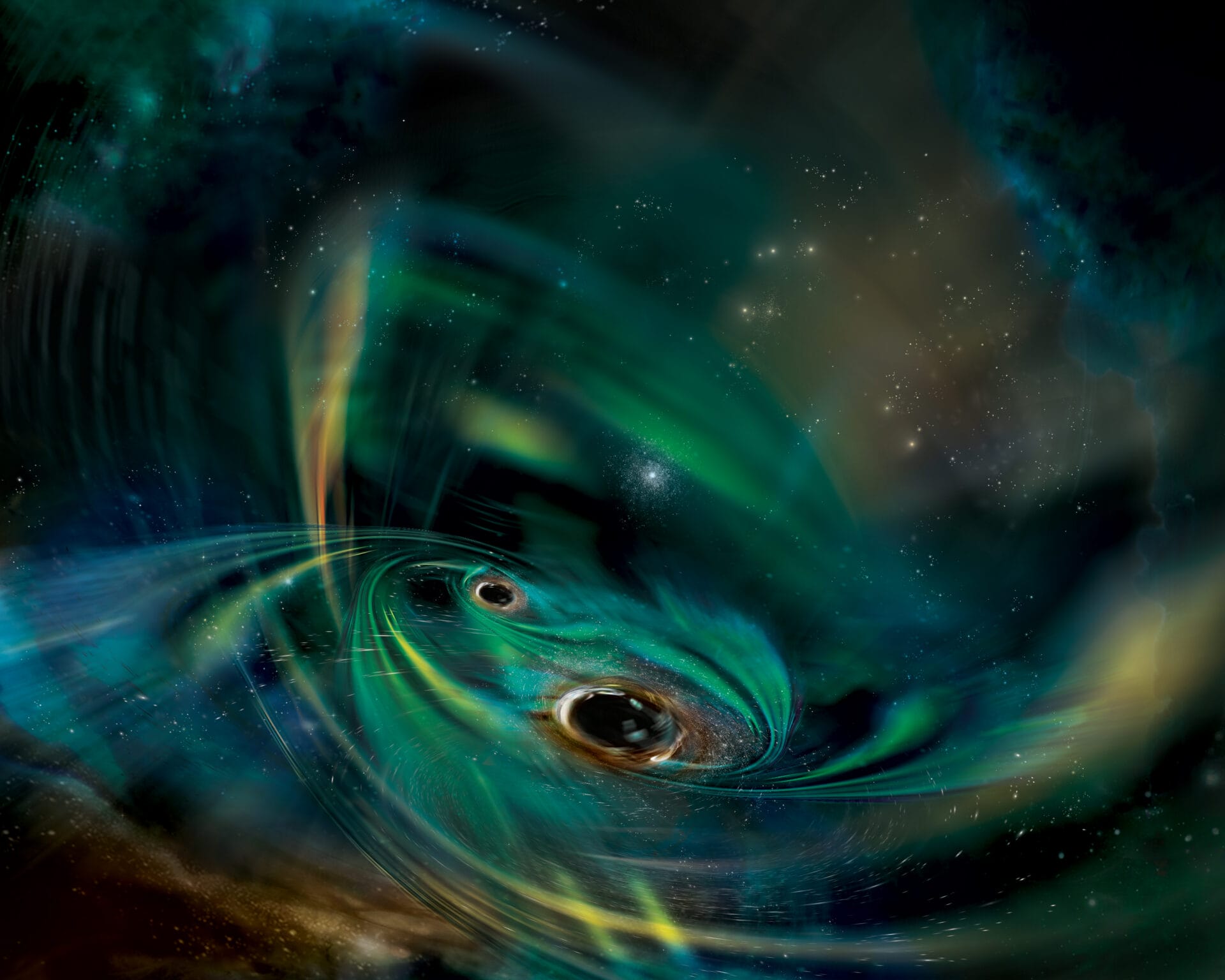 Two black holes are illustrated orbiting in a cloud of gas.