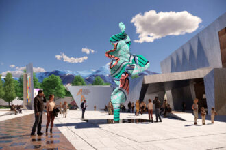 Visualisation of Yinka Shonibare CBE, Wind Sculpture (TG) II, 2024 and the Almaty Museum of Arts East Entrance.
Visual render by Chapman Taylor. © Yinka Shonibare CBE.