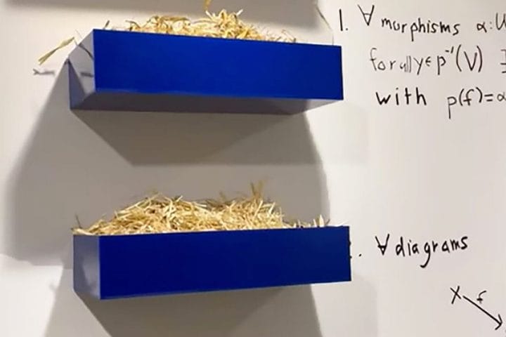 Nelson Saiers, “Stack,” 2022, Acrylic box, hay, sharpie, marker, 8’x 18” x 12”.