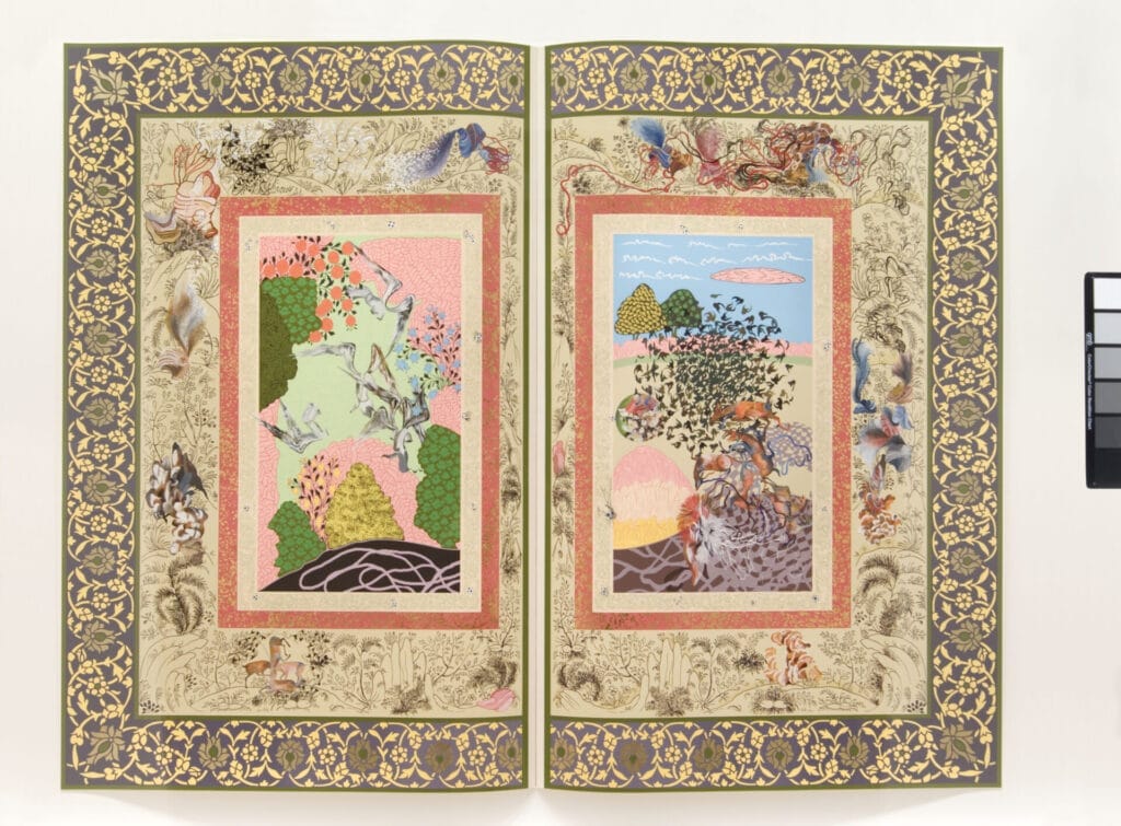 The Illustrated Page Series #1, 2005–2006. Shahzia Sikander (Pakistani American, b. 1969). Opaque watercolor hand painting, gold leaf, and silkscreen pigment on paper; 143.8 x 182.7 x 3.8 cm. Philadelphia Museum of Art, Purchased with the Marion Stroud Fund for Contemporary Art on Paper in honor of Innis Howe Shoemaker, 2006-138-1a, b. © Shahzia Sikander, courtesy of the artist and Sean Kelly, New York / Los Angeles. Photo: Philadelphia Museum of Art / Art Resource, NY