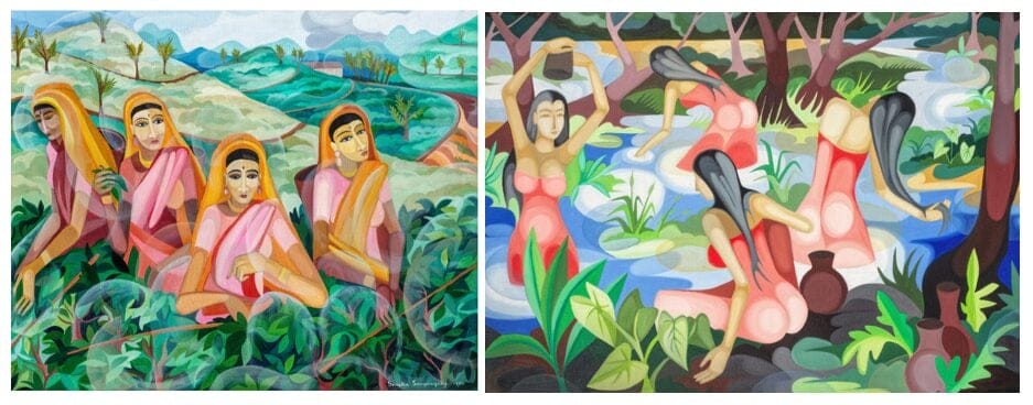 Left to right: Senaka Senanayake (B.1951), Untitled (Tea Pickers). Estimate: £25,000 - £35,000. Senaka Senanayake (B.1951), Untitled (Bathers). Estimate: £25,000 - £35,000.