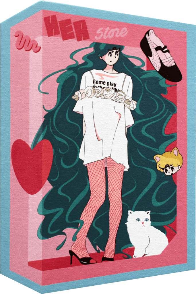 Peep HER WARDROBE 2025 acrylic on canvas_33 by 22 cm. Courtesy of the artist and JPS Gallery