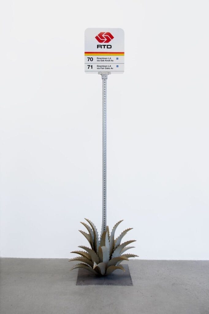 American Artist, To Acorn (1985), 2023. Steel, acrylic, and hardware, 107 x 33 x 33 in. Courtesy the artist and LABOR, Mexico City  