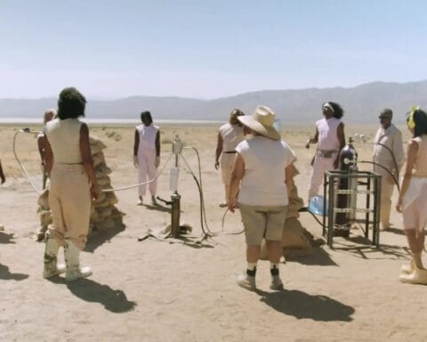 American Artist, The Monophobic Response (film), 2024 (still). Two-channel video installation. Courtesy the artist; Commonwealth and Council, Los Angeles; and LABOR, Mexico City
