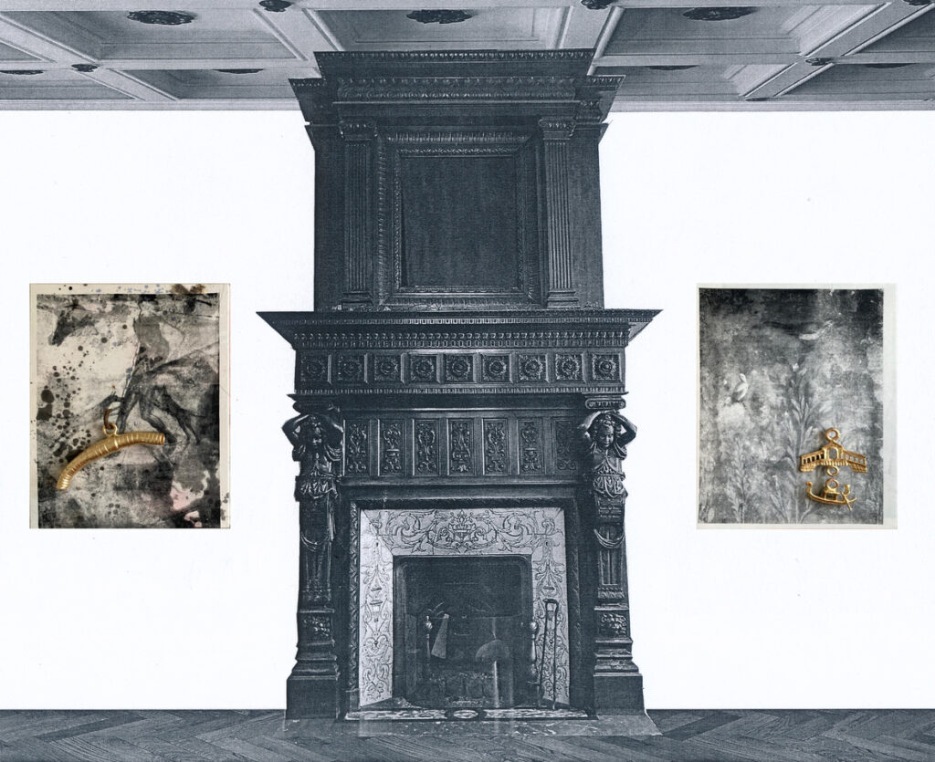 Ego in Arcadia, 2025, silk screen print on canvas, glazed ceramic, 24 carat gold leaf, steel, diptych, each panel 100 x 80 x 10 cm