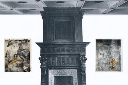 Ego in Arcadia, 2025, silk screen print on canvas, glazed ceramic, 24 carat gold leaf, steel, diptych, each panel 100 x 80 x 10 cm