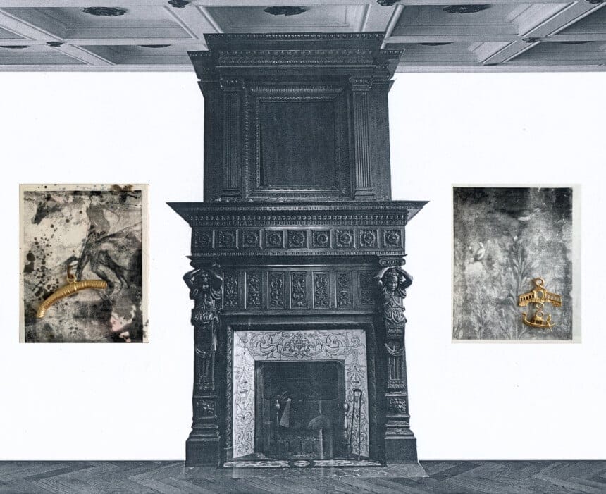 Ego in Arcadia, 2025, silk screen print on canvas, glazed ceramic, 24 carat gold leaf, steel, diptych, each panel 100 x 80 x 10 cm