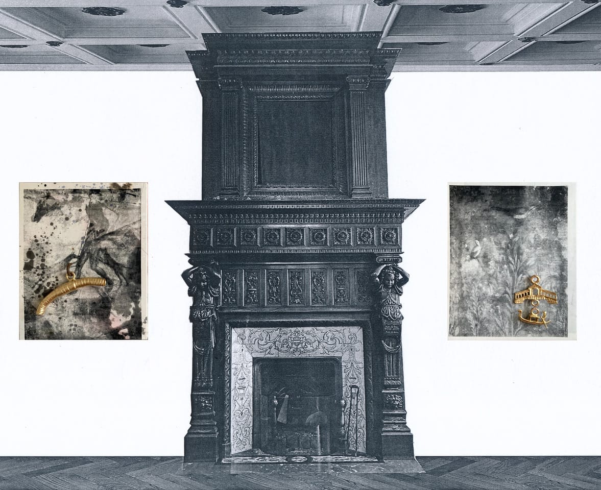 Ego in Arcadia, 2025, silk screen print on canvas, glazed ceramic, 24 carat gold leaf, steel, diptych, each panel 100 x 80 x 10 cm