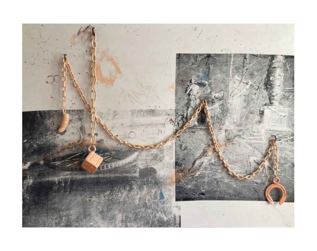 ohn Isaacs, Ego in Arcadia, 2025, silk screen print on canvas, glazed ceramic,
24 carat gold leaf, steel, diptych, each panel 100 x 80 x 10 cm