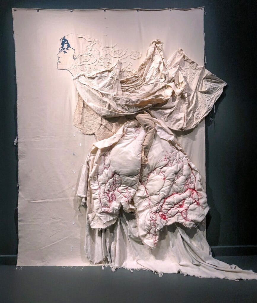 Elsa María Meléndez, Milk, 2020, canvas with silkscreen and embroidery